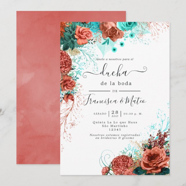 Spanish Turquoise and Coral Floral Wedding Shower  Invitation (Front/Back)