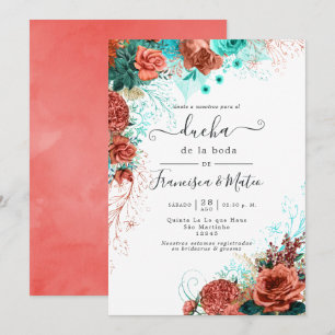 Spanish Turquoise and Coral Floral Wedding Shower  Invitation