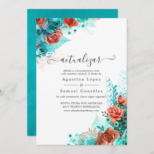 Spanish Turquoise and Coral Floral Wedding Update Invitation