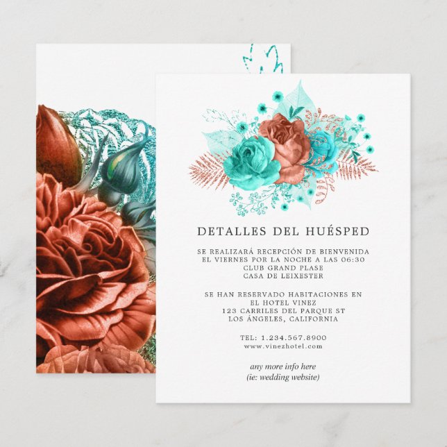 Spanish Turquoise and Coral Wedding Guest Details Enclosure Card (Front/Back)