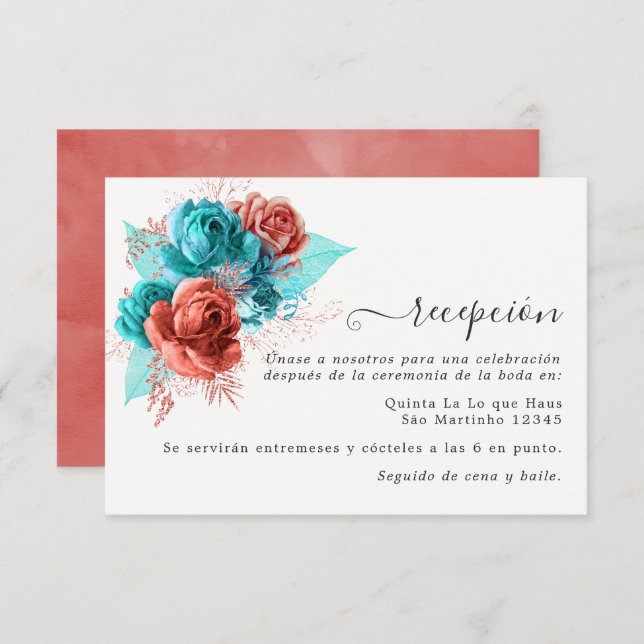 Spanish Turquoise and Coral Wedding Reception Enclosure Card (Front/Back)