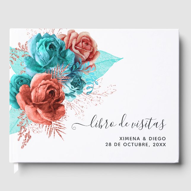 Spanish Turquoise and Living Coral Floral Wedding Guest Book (Front)