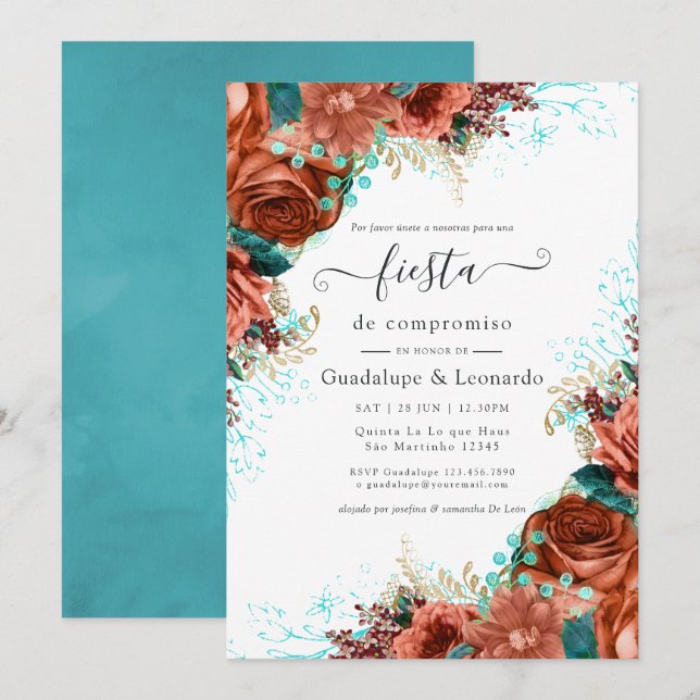 Spanish Turquoise & Coral Floral Engagement Party Invitation (Front/Back)