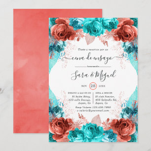 Spanish Turquoise & Coral Floral Rehearsal Dinner Invitation