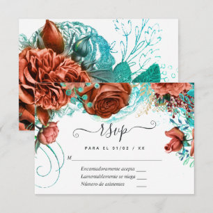 Spanish Turquoise - Teal and Coral Floral Wedding RSVP Card
