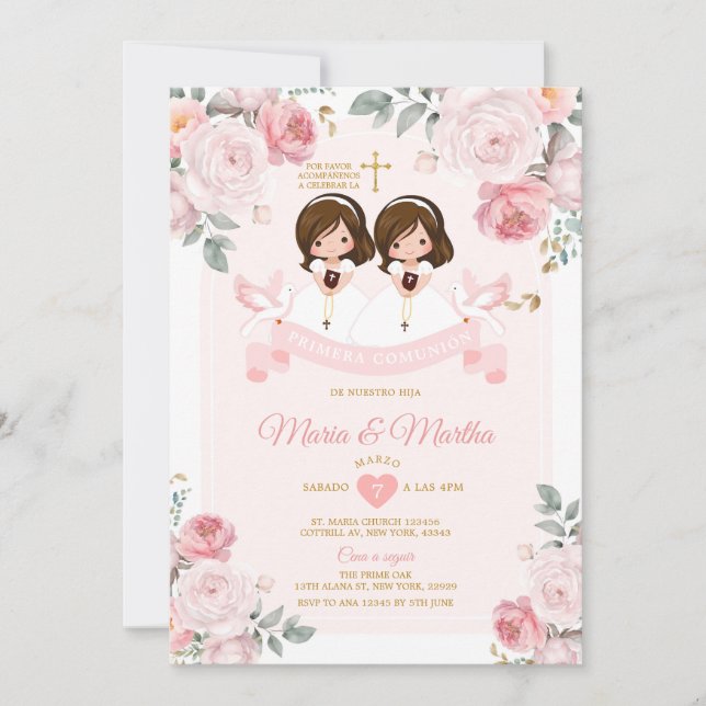 Spanish Twin Cute Little Girl Primera Comunión Invitation (Front)