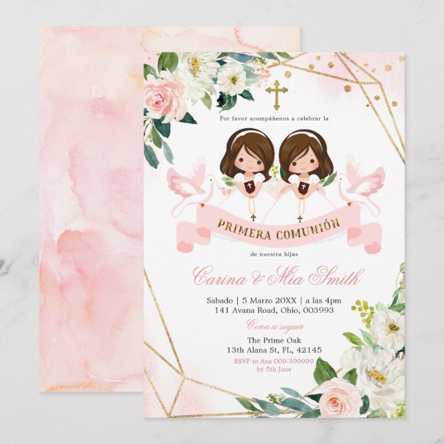 Spanish Twin Pink  Gold Floral Primera Comunión Invitation (Front/Back)