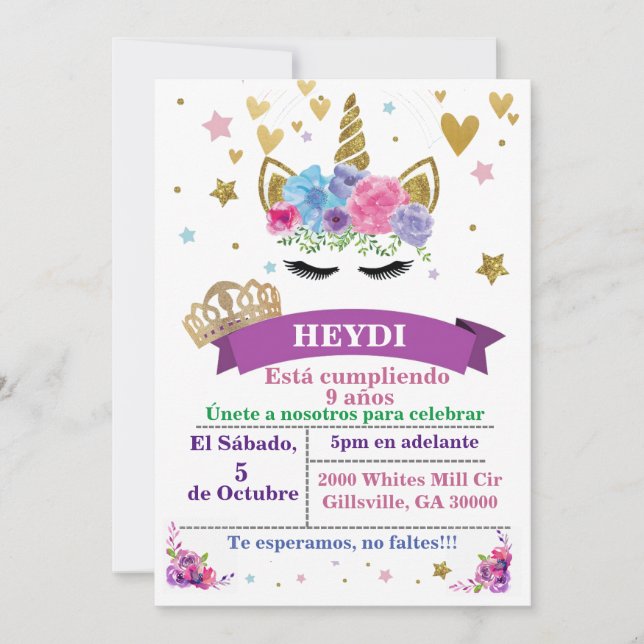 Spanish Unicorn Birthday Invitation (Front)