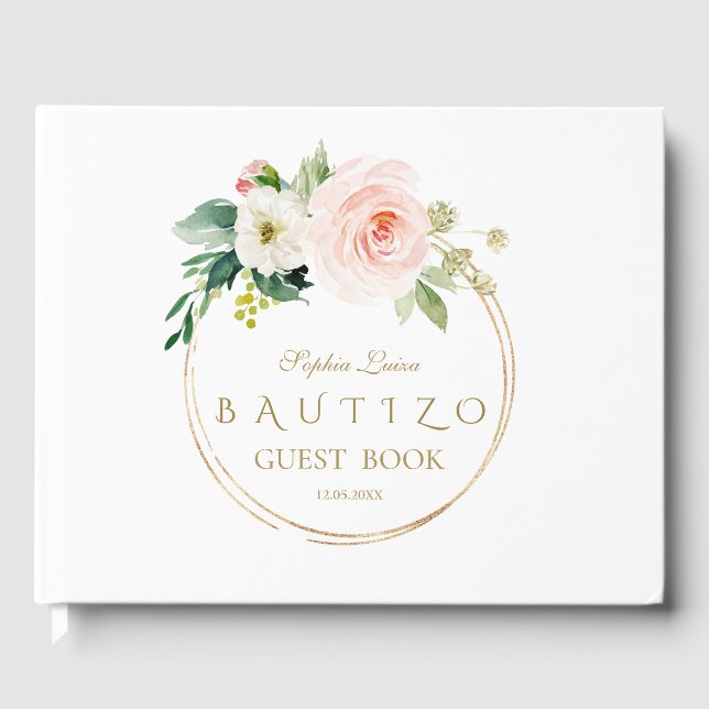 Spanish Unique Pink Blush Floral Gold Bautizo Guest Book (Front)