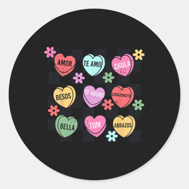 Spanish Valentine Conversation Hearts Feliz San Va Classic Round Sticker (Front)