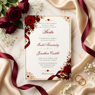 Spanish Valentine's Burgundy rose heart wedding Invitation