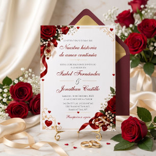Spanish Valentine's red rose gold heart wedding Invitation