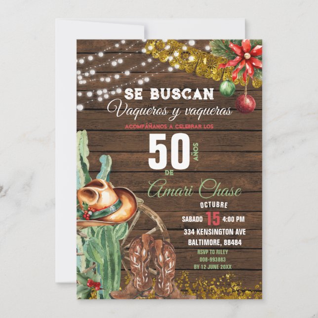 Spanish Vaquero Cactus Christmas 50 Años Birthday Invitation (Front)