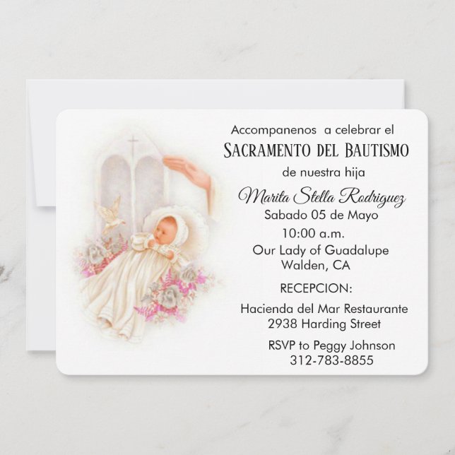 Spanish Vintage Baby Catholic Floral Scripture Invitation (Front)