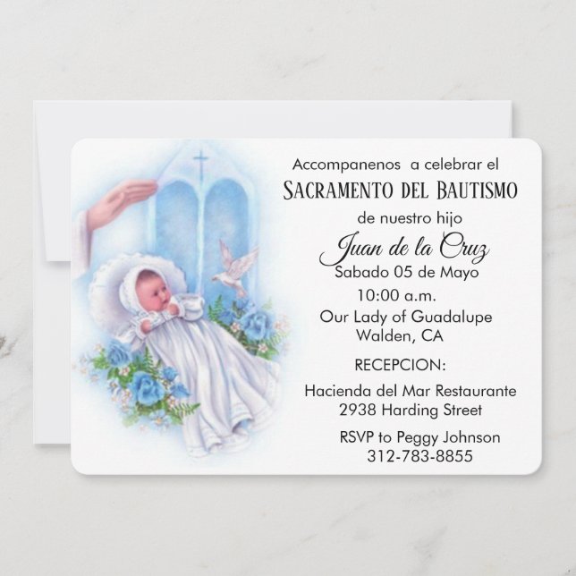 Spanish Vintage Baby Catholic Floral Scripture Invitation (Front)