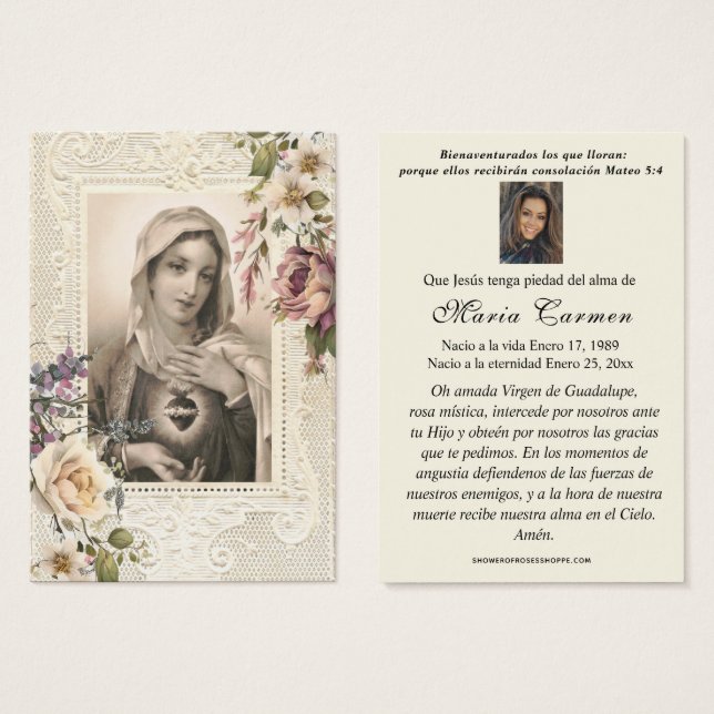 Spanish Virgin Mary Funeral Memorial Prayer Card (Front & Back)