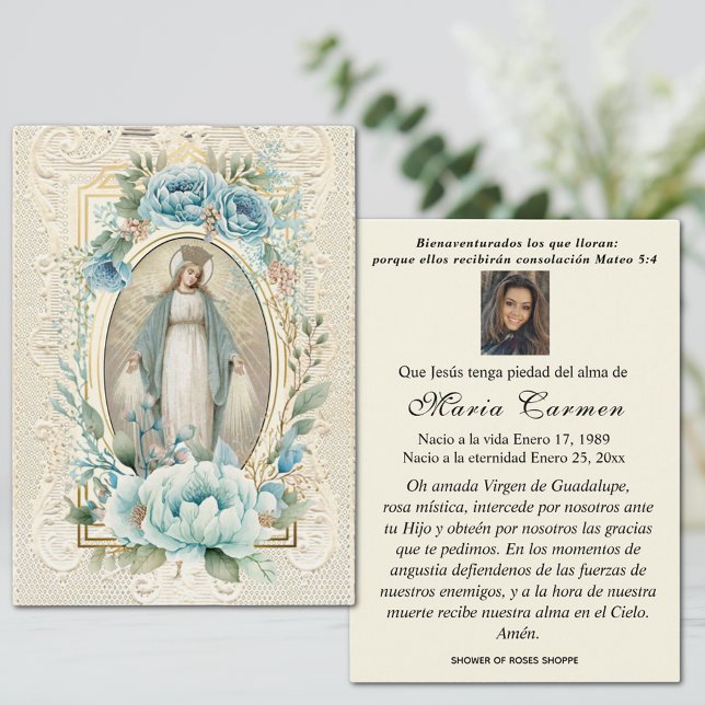 Spanish Virgin Mary Funeral Memorial Prayer Card (Catholic Spanish Funeral Prayer Card with the Blessed Virgin Mary, Our Lady of Grace)