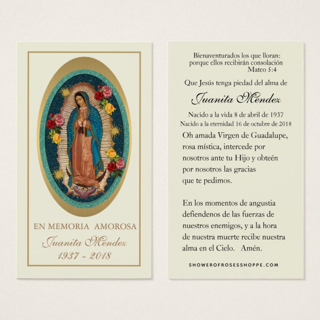 Spanish Virgin Mary Roses Funeral Prayer Card (Front & Back)