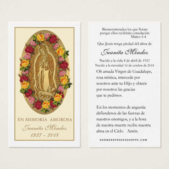 Spanish Virgin Mary Roses Funeral Prayer Card (Front & Back)