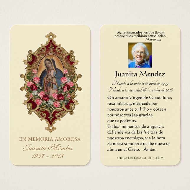 Spanish Virgin Mary Roses Religious Funeral Card (Front & Back)