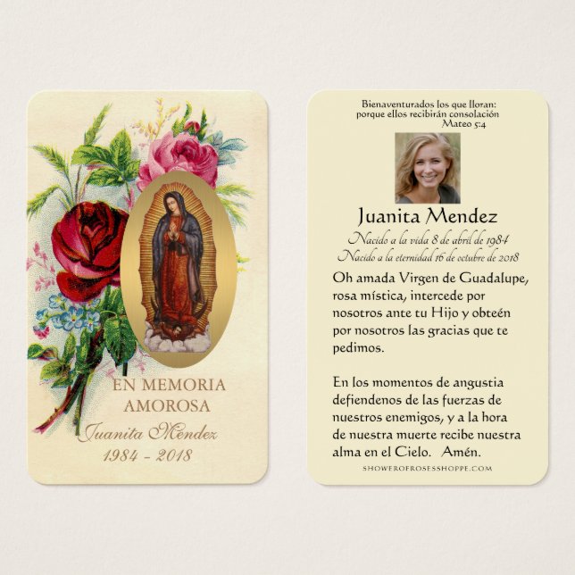 Spanish Virgin Mary Roses Religious Prayer Card (Front & Back)