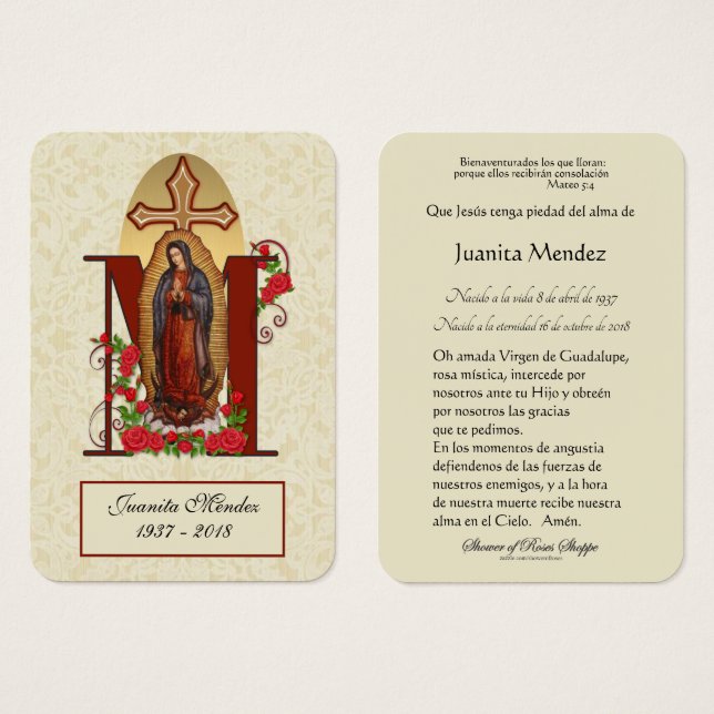 Spanish Virgin Mary Roses Religious Prayer Card (Front & Back)