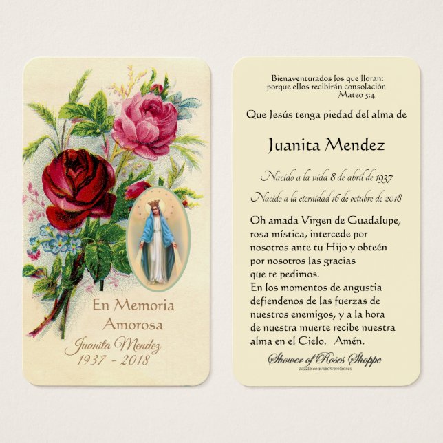 Spanish Virgin Mary Roses Religious Prayer Card (Front & Back)