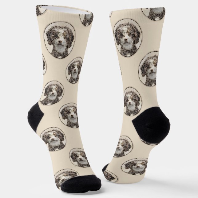Spanish Water Dog Painting Brown Bicolor Dog Art Socks (Angled)