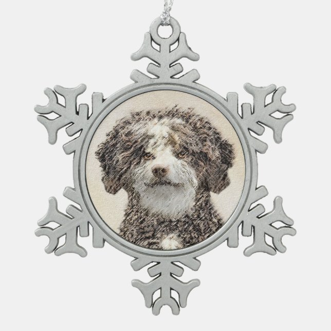 Spanish Water Dog Painting - Cute Original Dog Art Snowflake Pewter Christmas Ornament (Front)
