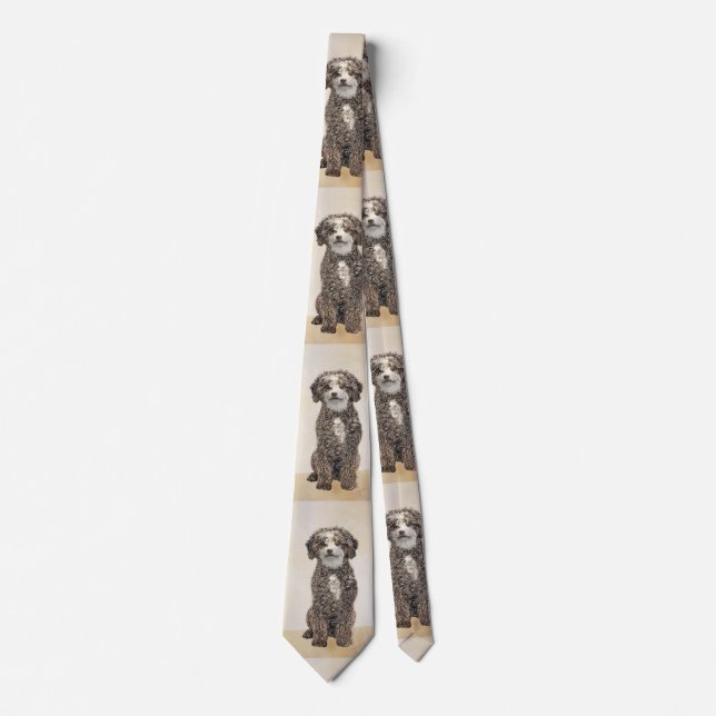 Spanish Water Dog Painting - Cute Original Dog Art Tie (Front)