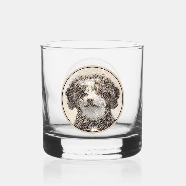 Spanish Water Dog Painting - Cute Original Dog Art Whiskey Glass (Front)