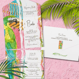 Spanish, Watercolor Exotic Bird Lush Wedding All In One Invitation