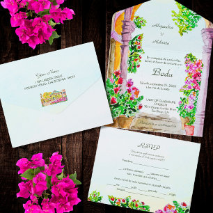 Spanish, Watercolor Floral Old Town Mexico Wedding All In One Invitation