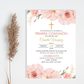 Spanish Watercolor Flowers First Communion  Invitation