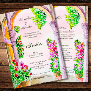 Spanish Watercolor Flowers Old Town Mexico Wedding Invitation
