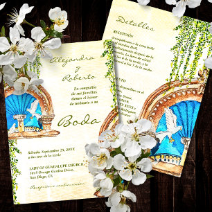 Spanish Watercolor Old Mexico Fountain Wedding Invitation