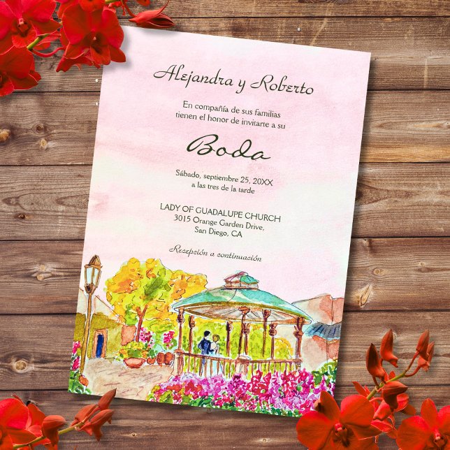 Spanish Watercolor Old Town Kiosk Mexico Wedding Invitation (Creator Uploaded)
