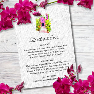 Spanish, Watercolor Pink Chapel Wedding Details  Thank You Card