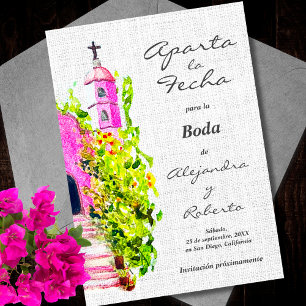 Spanish, Watercolor Pink Chapel Wedding Save Date Invitation