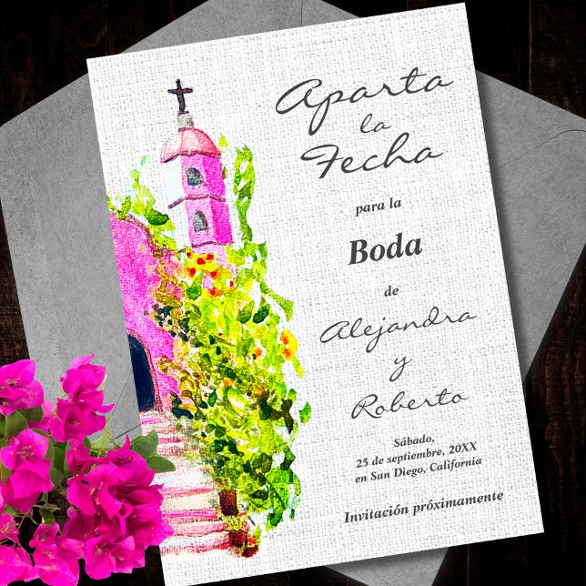 Spanish, Watercolor Pink Chapel Wedding Save Date Invitation (Creator Uploaded)