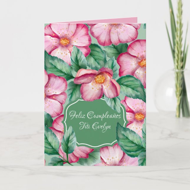 Spanish Watercolor Pink Flowers For Aunt Birthday Card (Front)