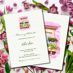 Spanish, Watercolor Town Balcony Mexican Wedding Invitation