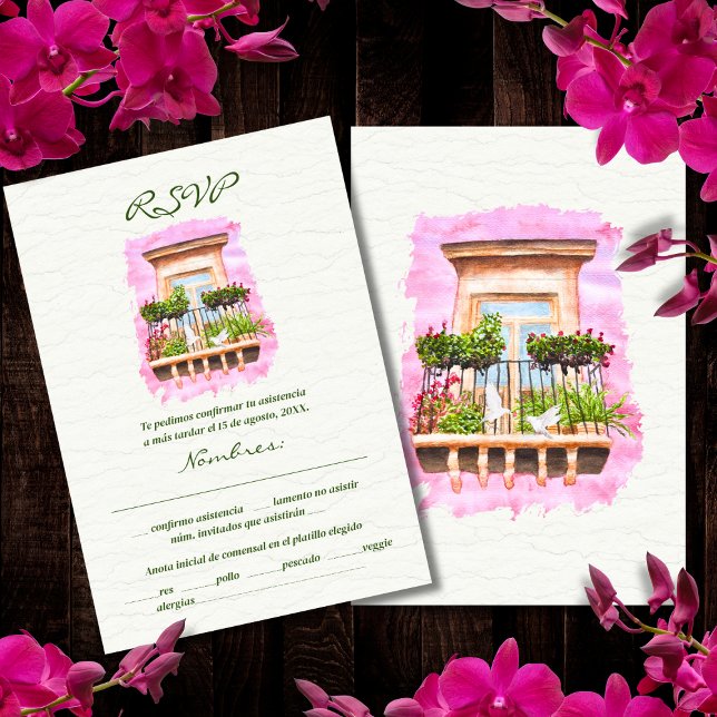 Spanish, Watercolor Town Balcony Mexican Wedding Invitation (Creator Uploaded)