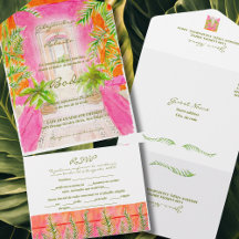Spanish, Watercolor Tropical Pink Coral Wedding