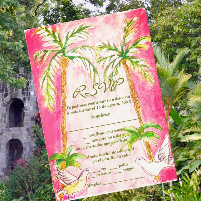 Spanish, Watercolor Tropical Pink RSVP Card (Creator Uploaded)