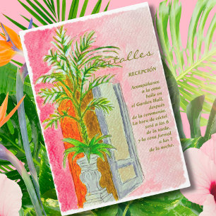 Spanish, Watercolor Tropical Pink Wedding Details Thank You Card