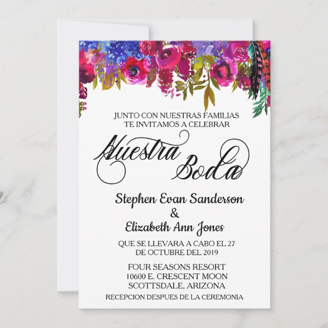 Spanish Wedding Bold Boho Flower Nuestra Boda Invitation (Front)