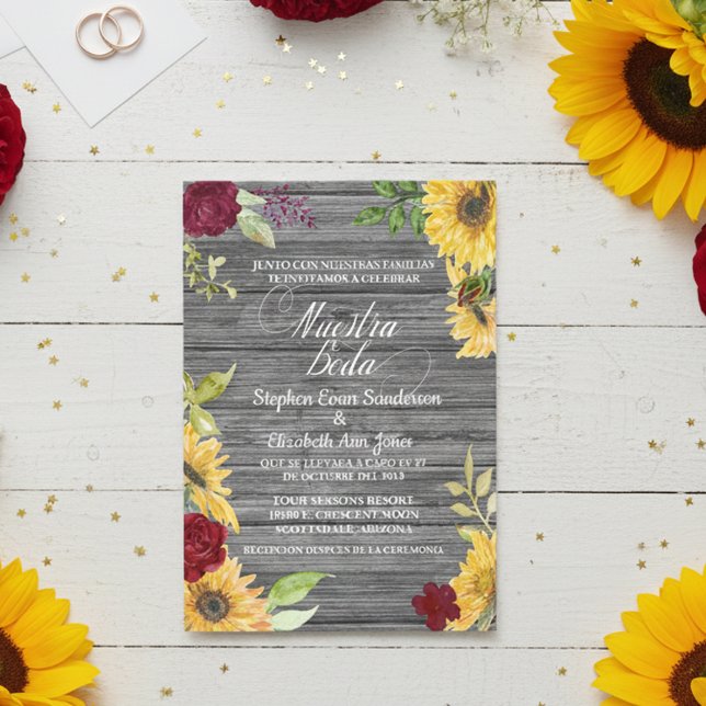 Spanish Wedding Burgundy Sunflower Nuestra Boda Invitation (Creator Uploaded)