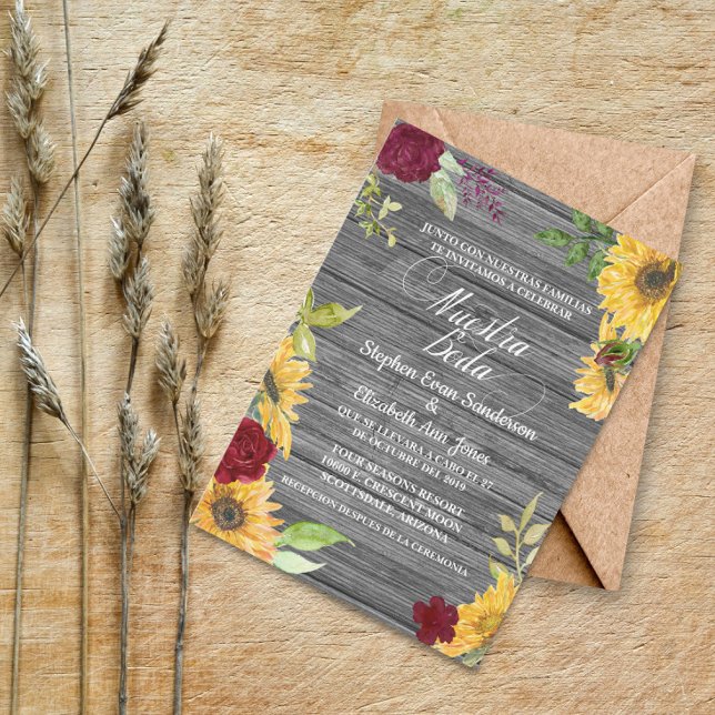 Spanish Wedding Burgundy Sunflower Nuestra Boda Invitation (Creator Uploaded)