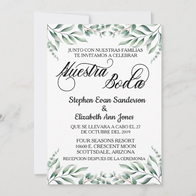 Spanish Wedding Eucalyptus Leaves Nuestra Boda  Invitation (Front)